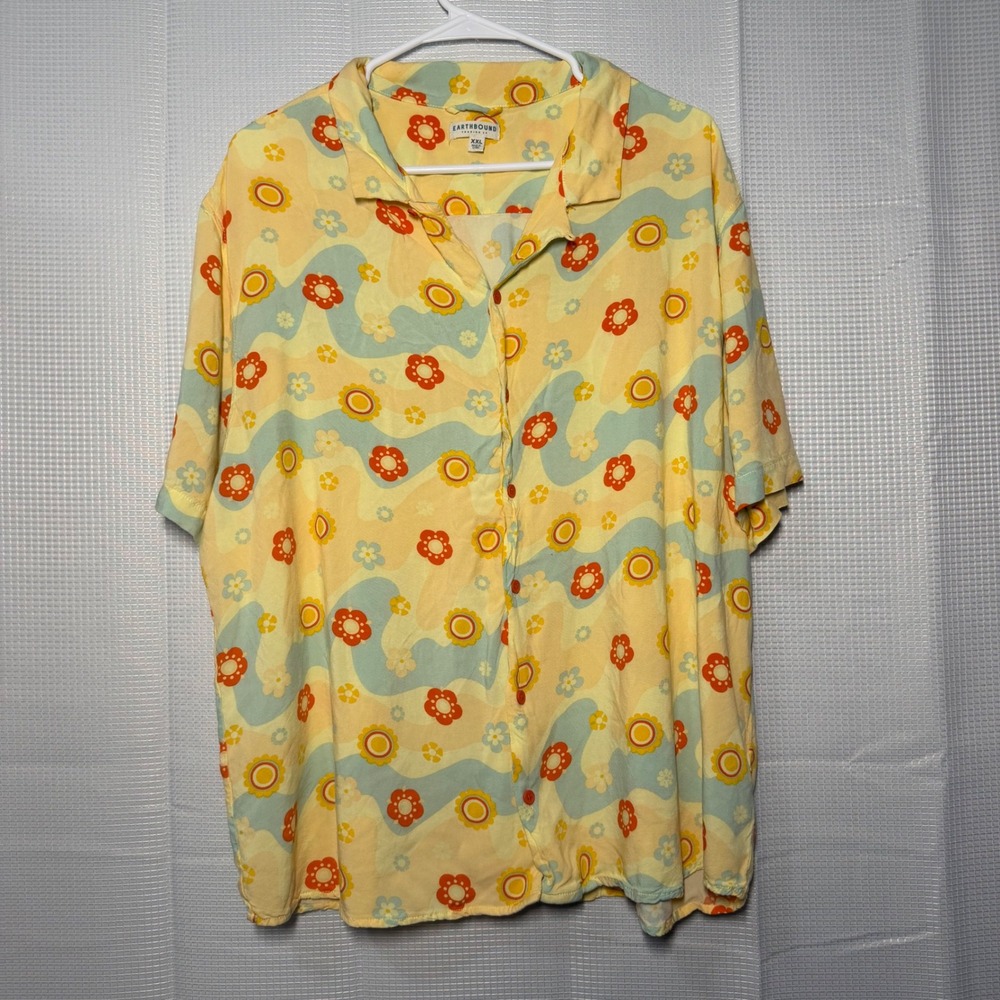 EARTHBOUND Retro Floral Waves Button Up Shirt Top XXL Yellow Blue Orange